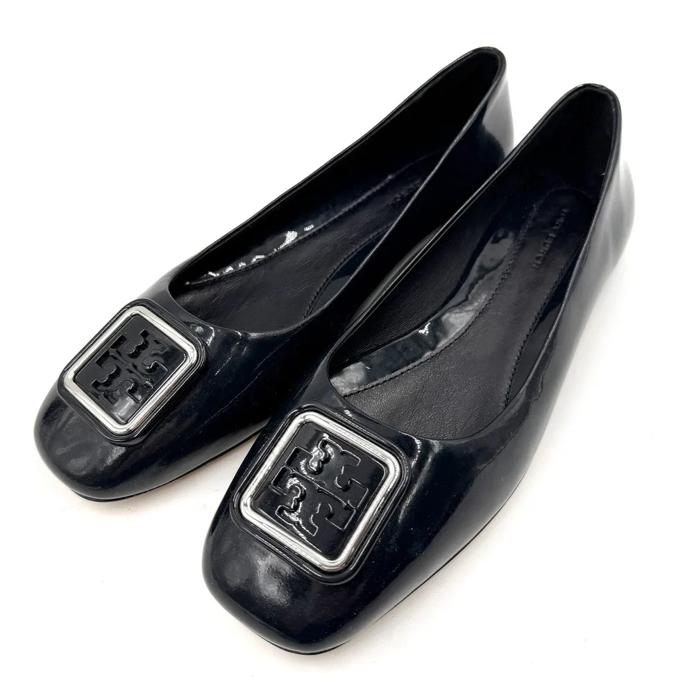 Tory Burch Georgia Ballet Flats Patent Leather Square Toe Logo Black Womens Sz 8